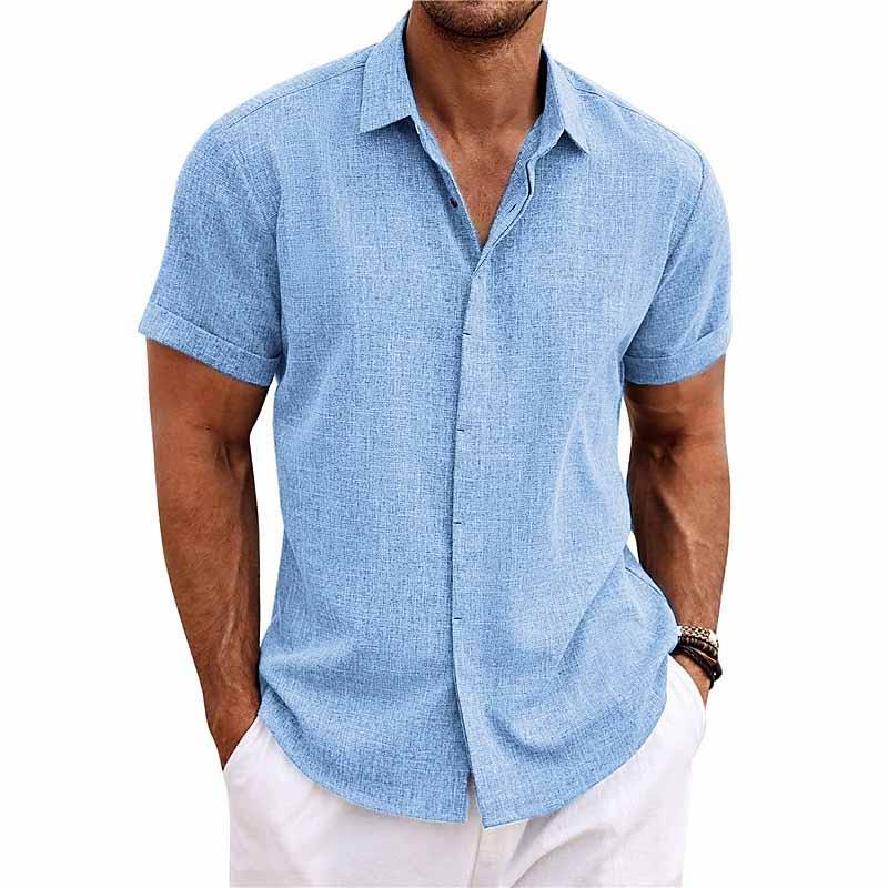 Men's Solid Color Lapel Cotton Linen Short Sleeve Shirt 9261774897336