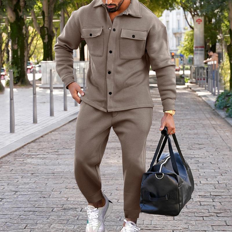 Men's Casual Suede Pocket Single Breasted Slim Fit Shirt Loose Sweatpants Set 9261812973752