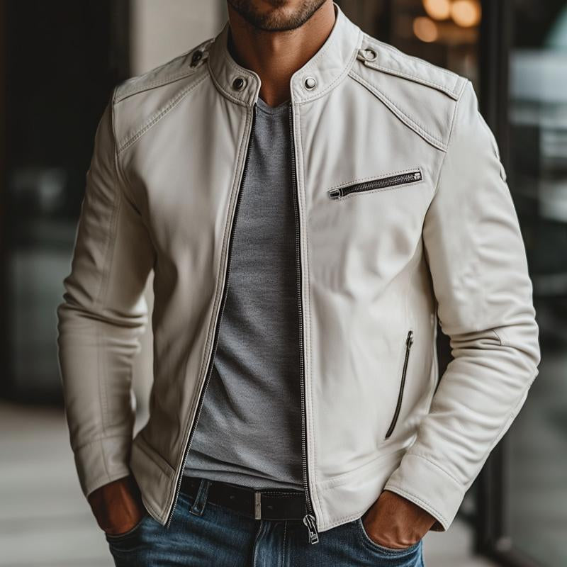 Men's White Stand Collar Zipper Leather Jacket 9873139925176
