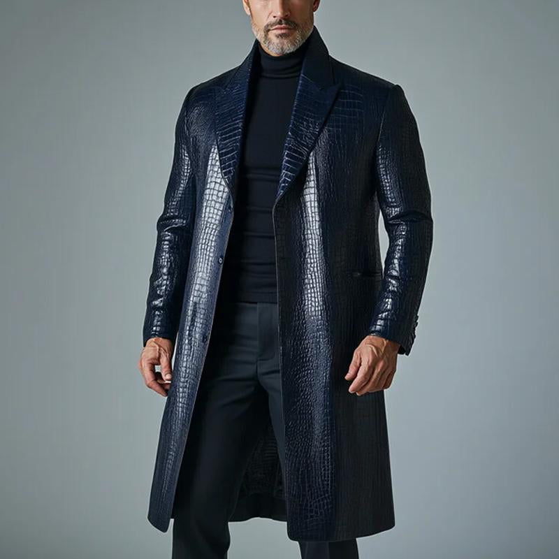 Men's Vintage Solid Color Crocodile Leather Mid-Length Trench Coat 9261108199608