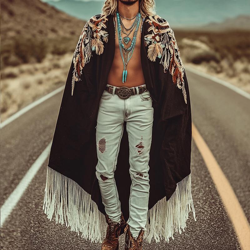 Men's Vintage Casual Linen Eagle Feather Embroidered Cape 9887382601912