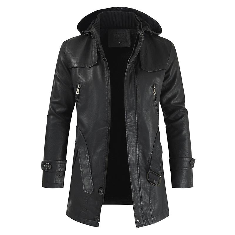 Men's Vintage Hooded Mid Length Leather Coat 9261101908152