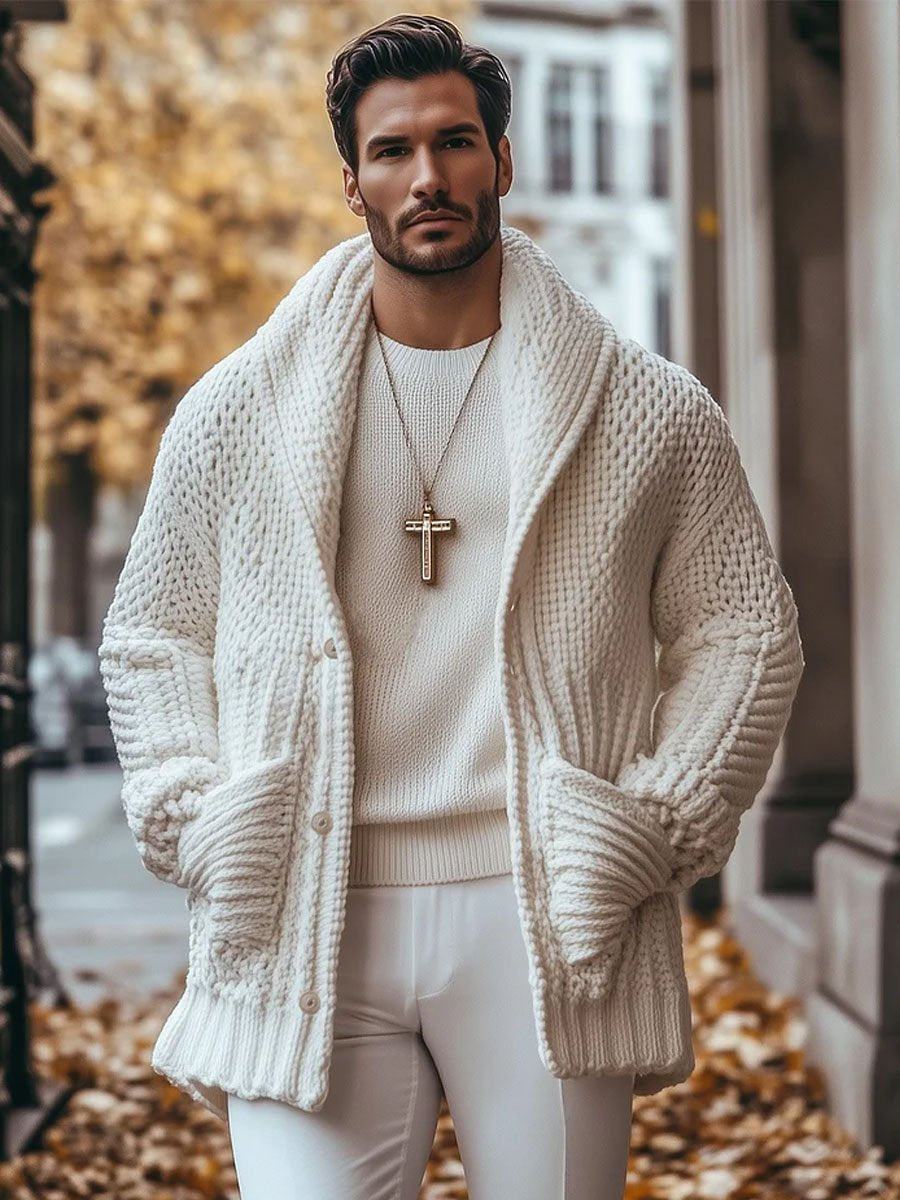 Men's Solid Color Lapel Single-Breasted Double-Pocket Warm Knitted Cardigan 9888736149688