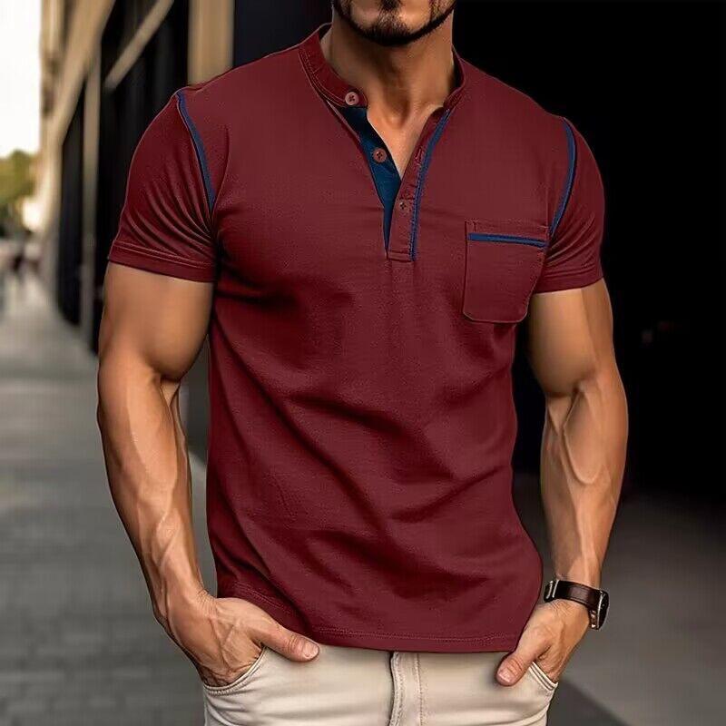Men's Casual Colorblock Henley Collar Short Sleeve T-Shirt 9261116784824