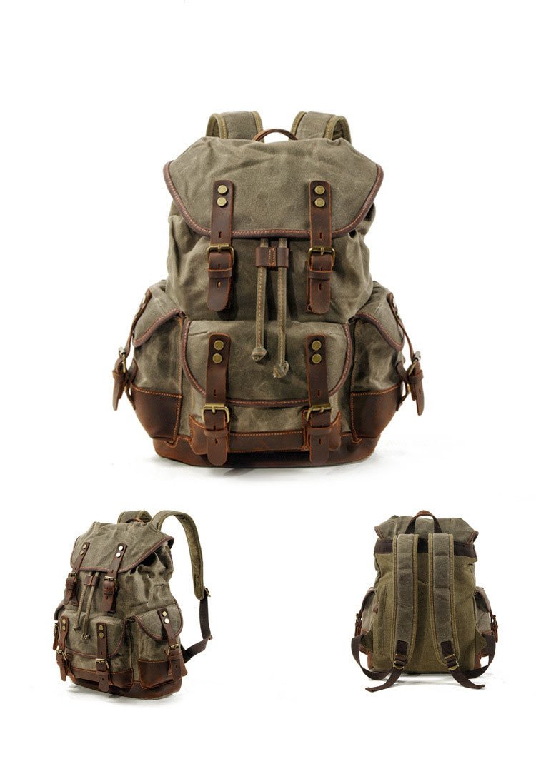 Men's Vintage Outdoor Canvas Stitching Leather Multi-Pocket Backpack 9262190624952