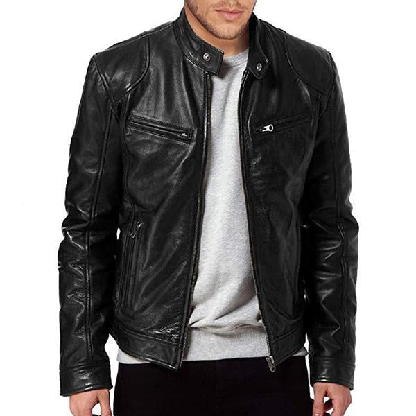 Men's Stand Collar Slim Fit Zip Pocket Leather Jacket 9261077856440
