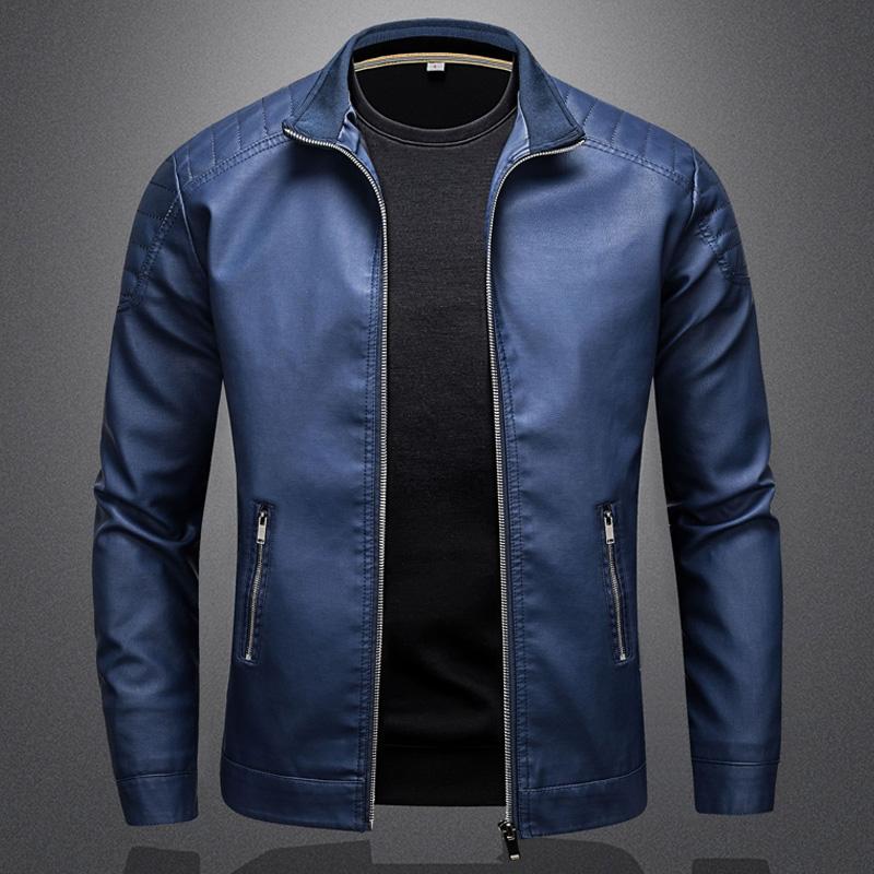 Men's Biker Collar Zip-Up Leather Jacket 9261086507192