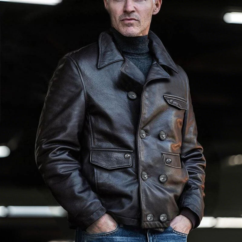 Men's Double Breasted Notched Lapel Leather Jacket 9873140252856