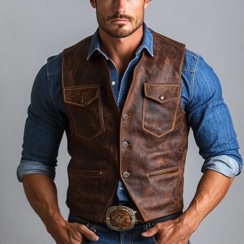 Men's Vintage Three Button Distressed Leather Vest 9873134911672