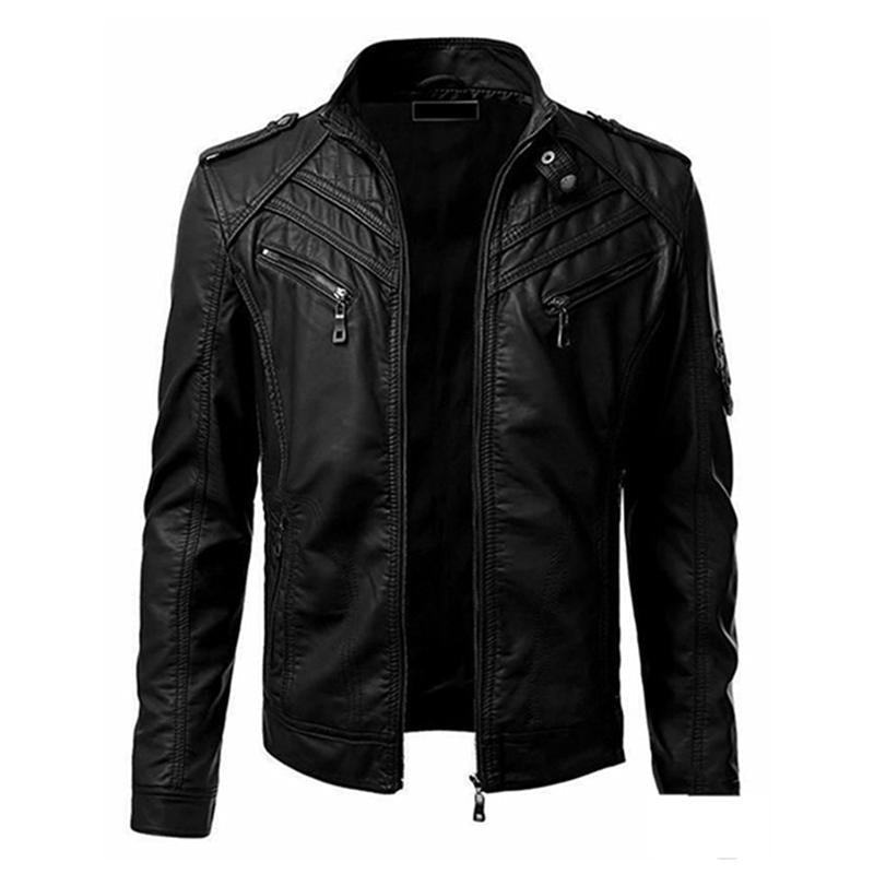Men's Vintage Patchwork Stand Collar Zipper Leather Biker Jacket 9261083820216