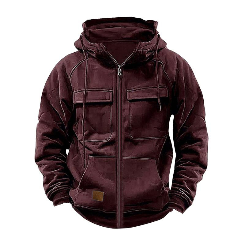 Men's Casual Solid Color Hooded Multi-Pocket Sweatshirt Jacket 9261082607800