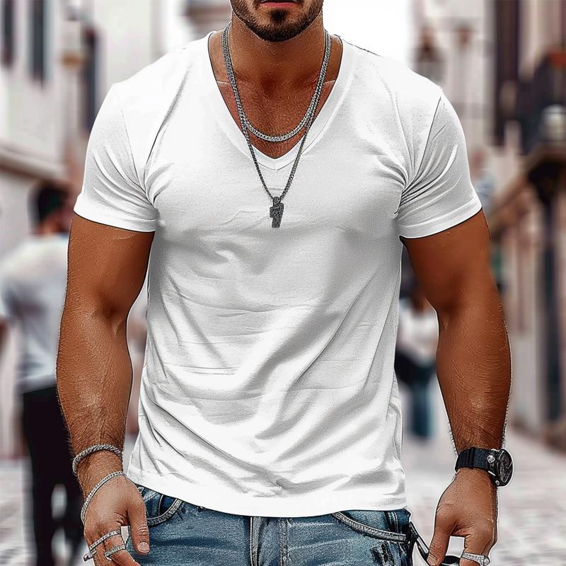 Men's Solid Color Casual V-neck Cotton Short-sleeved T-shirt 9261130580152