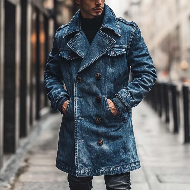 Men's Classic Casual Double Breasted Multi-Length Thigh-Length Denim Jacket 9266614501560