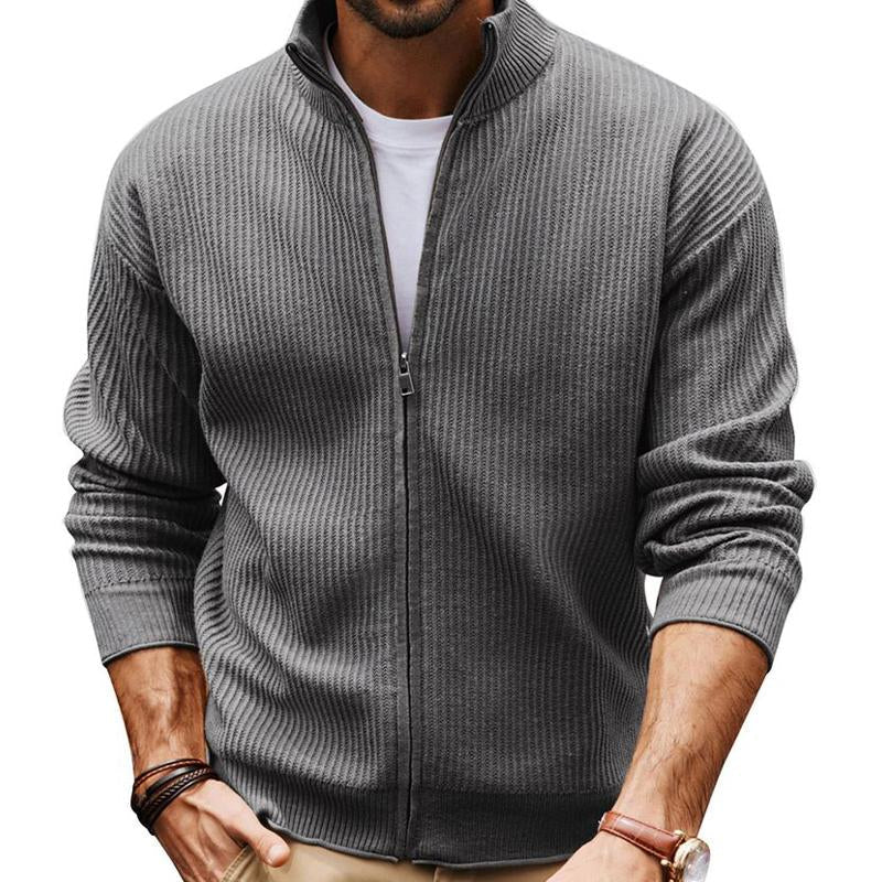 Men's Grey Stand Collar Zippered Knit Cardigan 9273155780792
