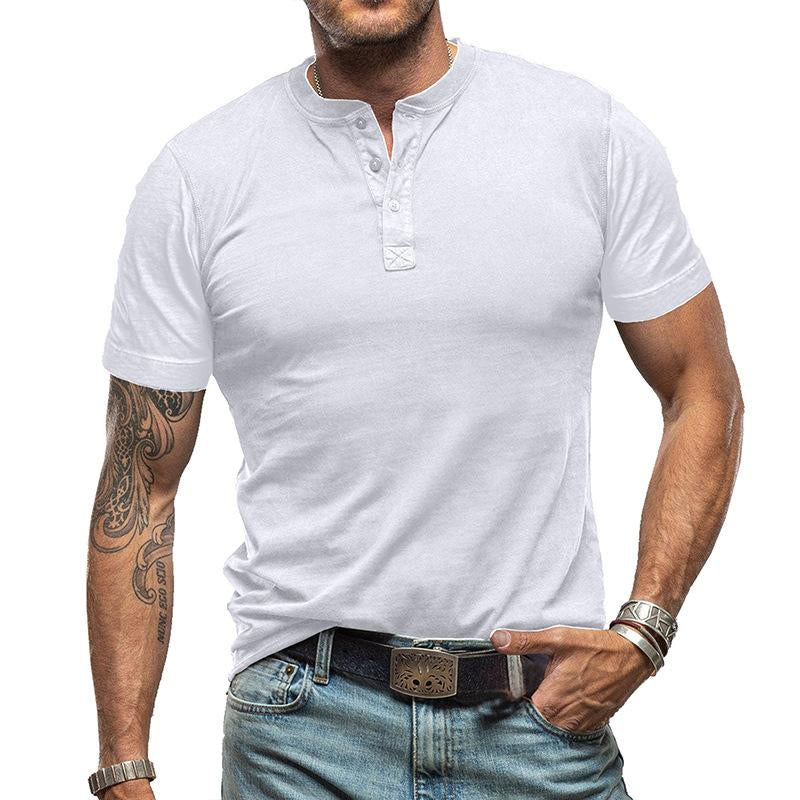 Men's Vintage Solid Color Short Sleeve Henley Neck T-Shirt 9261138870456