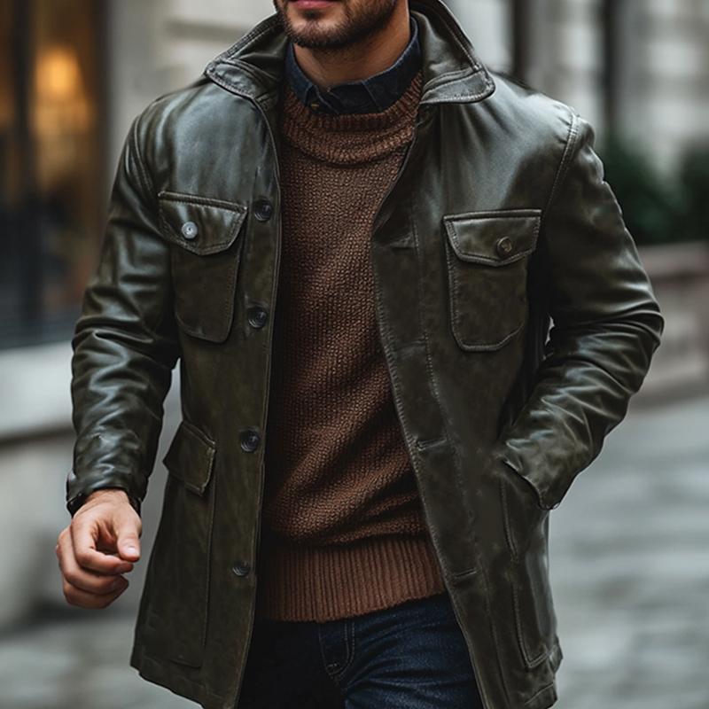 Men's Vintage Dark Green Stand Collar Leather Coat 9269591408824