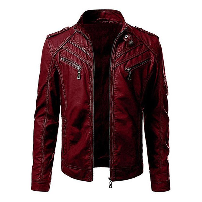 Men's Vintage Patchwork Stand Collar Zipper Leather Biker Jacket 9261083820216