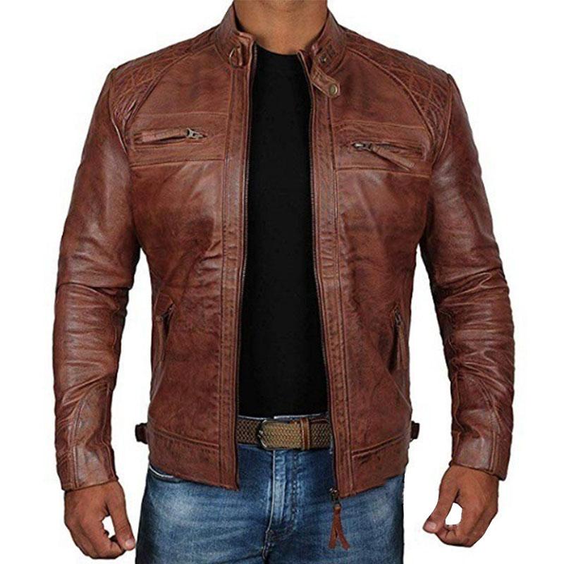 Men's Vintage Distressed Stand Collar Zip Motorcycle Leather Jacket 9261086638264