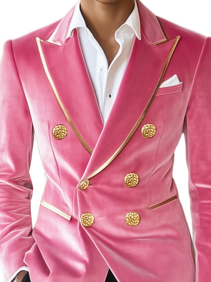 Men's Contrast Pink Velvet Double-Breasted Vintage Blazer 9888736346296