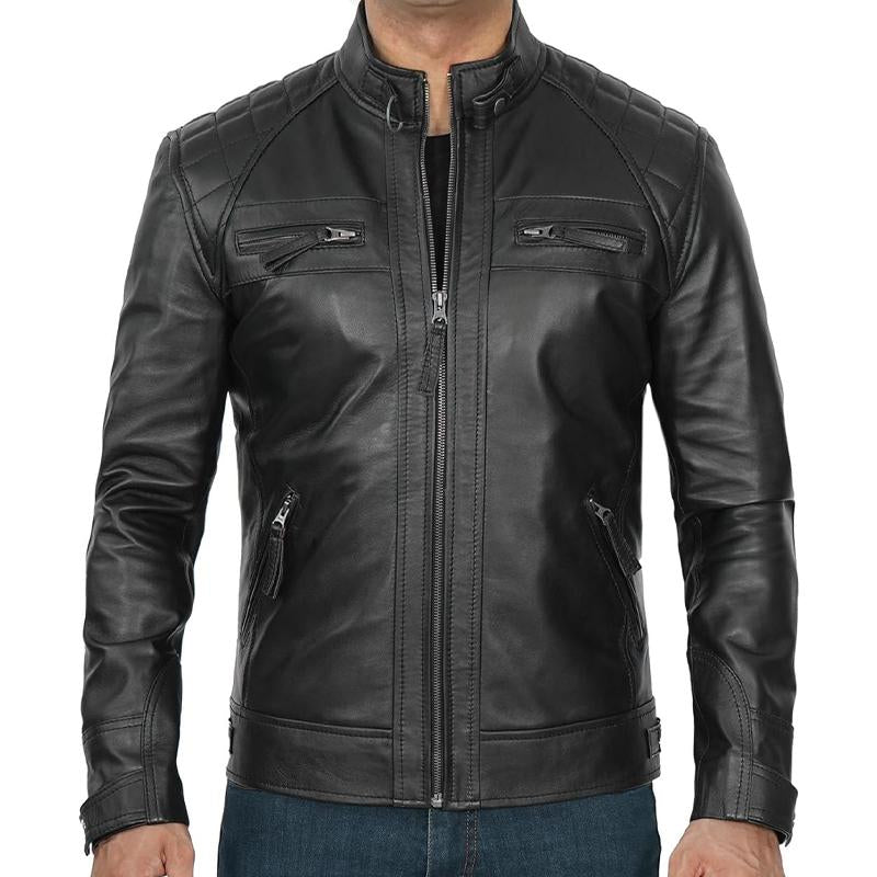 Men's Quilted Panel Zip-Up Leather Jacket 9873141432504