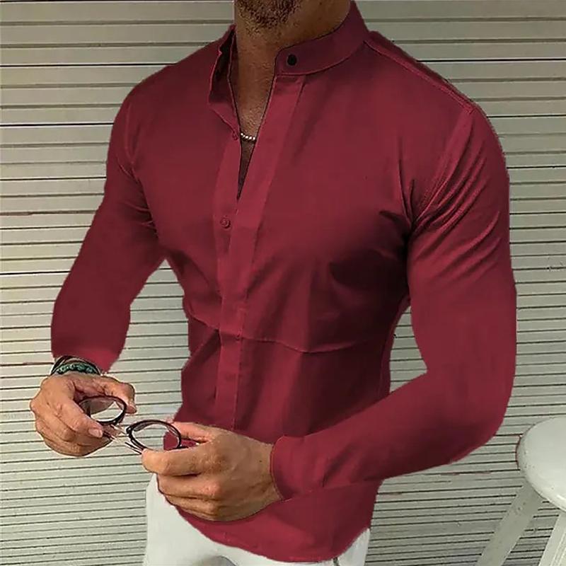 Men's Stand Collar Solid Color Long Sleeve Shirt 9261781614776