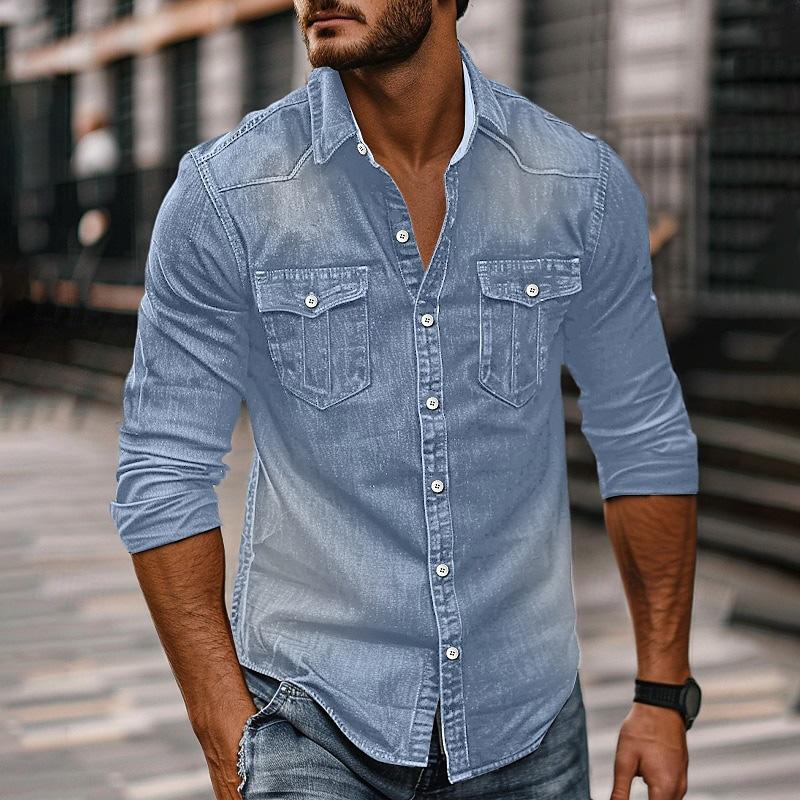 Men's Vintage Washed Distressed Denim Lapel Shirt 9261796753592