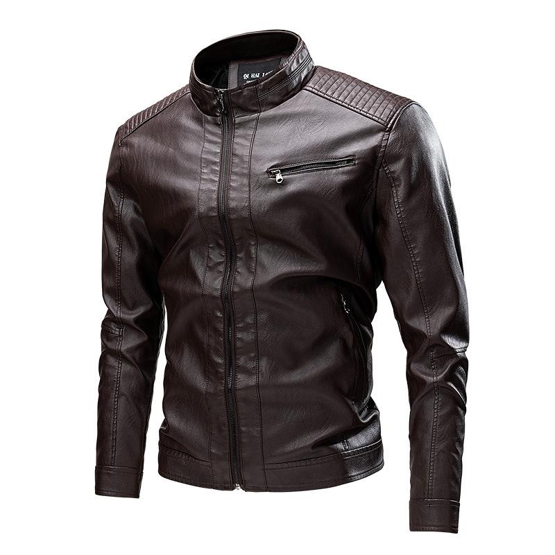 Men's Solid Color Leather Zip-Up Motorcycle Jacket 9266613059768