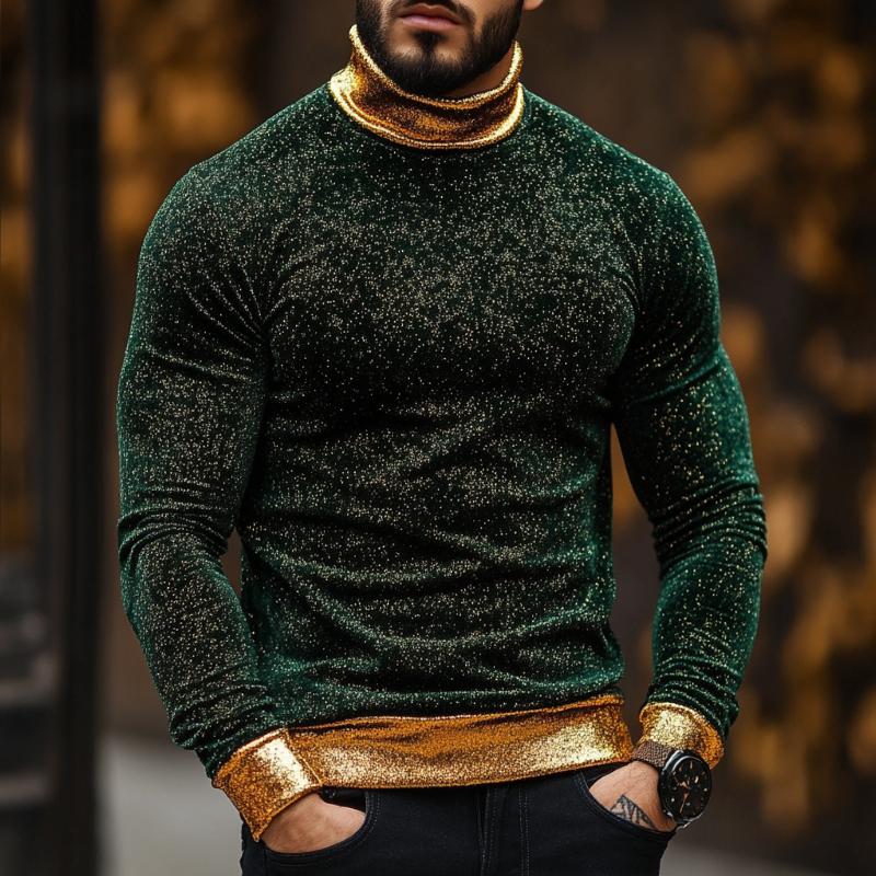 Men's Retro Casual Colorblock Dance Party High Neck Long Sleeve T-Shirt 9886820106424