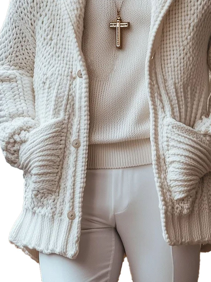 Men's Solid Color Lapel Single-Breasted Double-Pocket Warm Knitted Cardigan 9888736149688