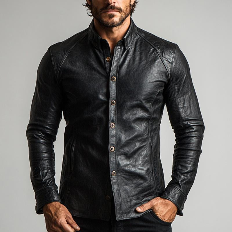 Men's Vintage Black Long Sleeve Leather Shirt 9887383552184