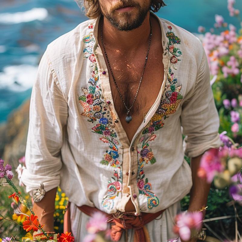 Men's Casual Vintage Embroidered Long Sleeve Shirt 9261777518776