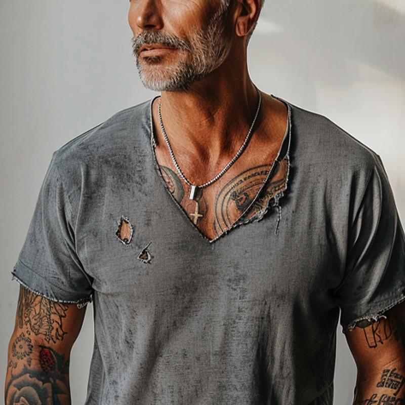Men's Distressed Ripped Raw Edge V-Neck Short-Sleeved T-Shirt 9261118357688
