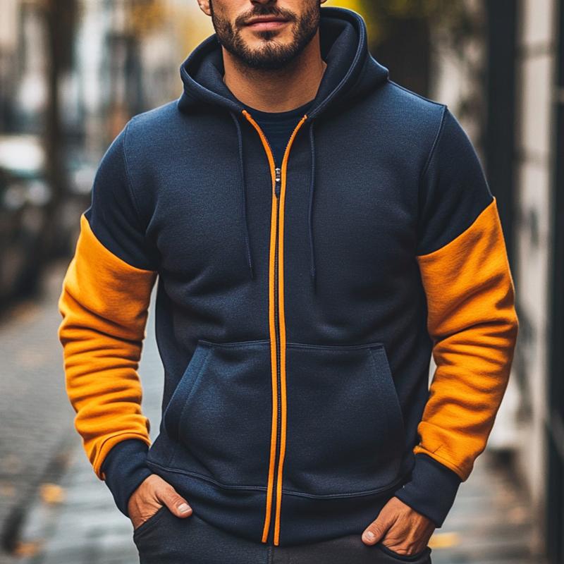 Men's Retro Casual Colorblock Stand Collar Hooded Zipper Sweatshirt 9267508248760