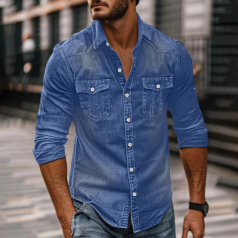 Men's Vintage Washed Distressed Denim Lapel Shirt 9261796753592