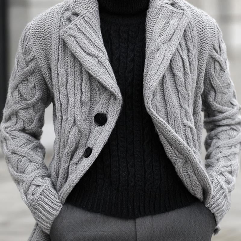 Men's Light Grey Notch Lapel Knit Cardigan 9273155846328