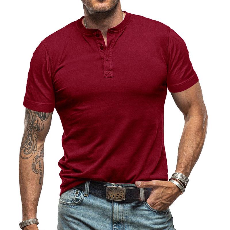 Men's Vintage Solid Color Short Sleeve Henley Neck T-Shirt 9261138870456