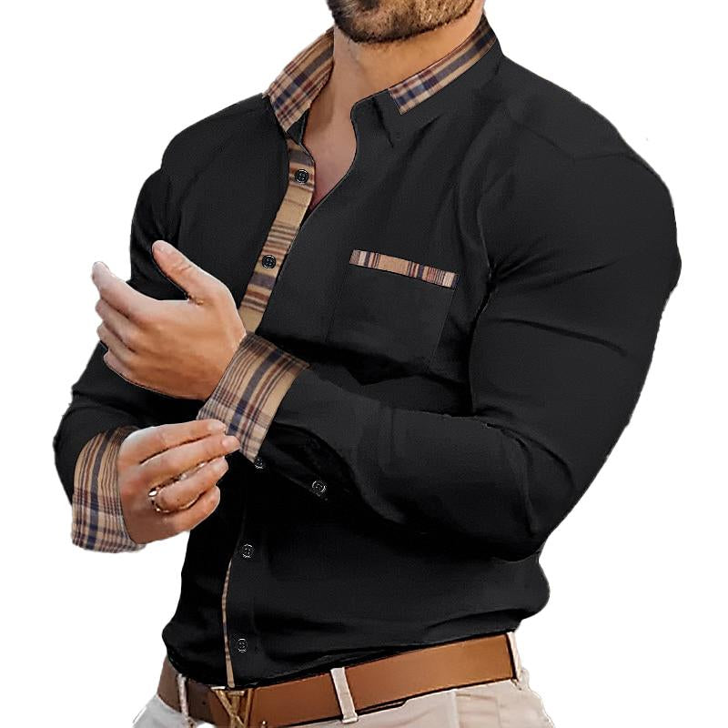 Men's Color Block Casual Long Sleeve Plaid Lapel Shirt 9261782761656