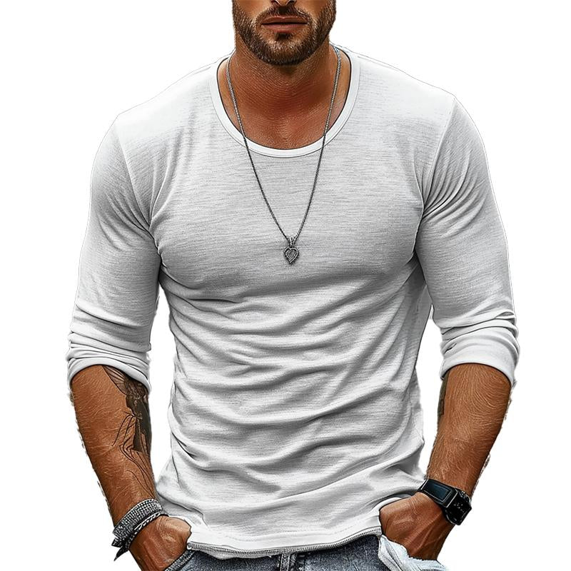 Men's Casual Solid Color Round Neck Long Sleeve T-Shirt 9261116883128