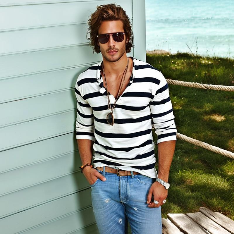 Men's Casual Striped Henley Collar Long Sleeve T-Shirt 9261117243576