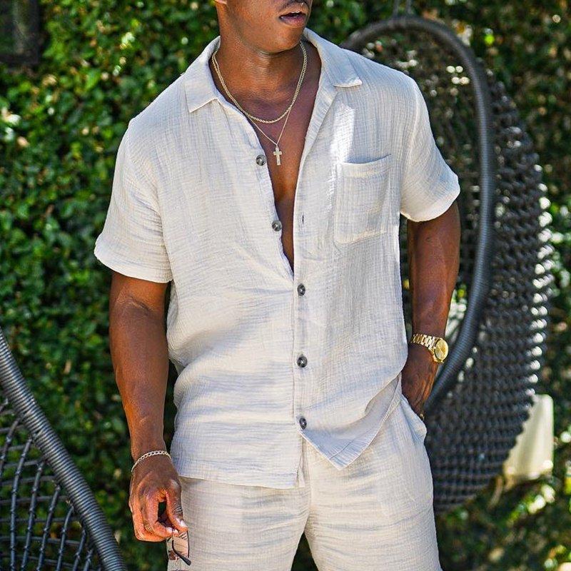 Men's cotton linen solid color shirt two-piece set 9261781778616