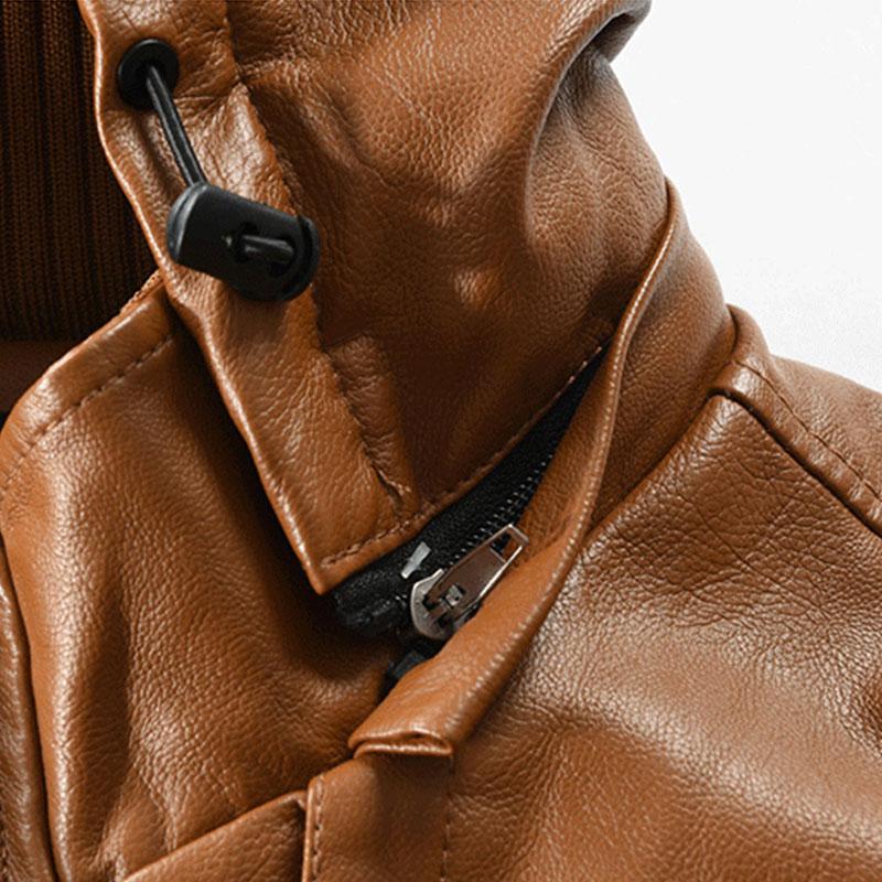 Men's Vintage Hooded Mid Length Leather Coat 9261101908152