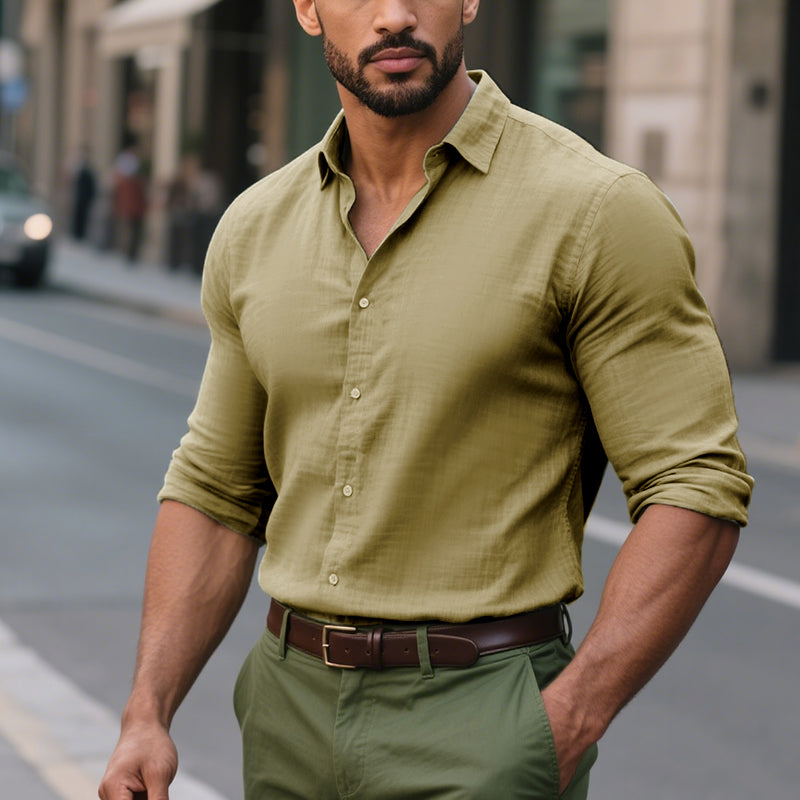 Men's Casual Solid Color Linen Lapel Slim Fit Long Sleeve Shirt 9261779681464