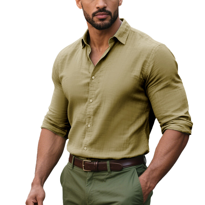 Men's Casual Solid Color Linen Lapel Slim Fit Long Sleeve Shirt 9261779681464