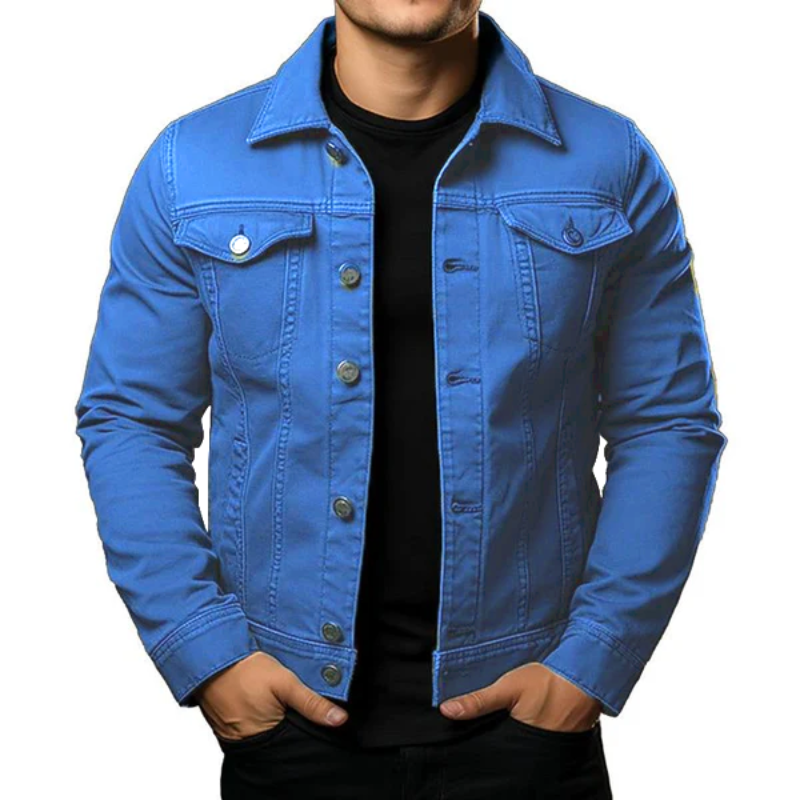 Men's Classic Solid Color Lapel Single Breasted Cargo Denim Jacket 9261078610104
