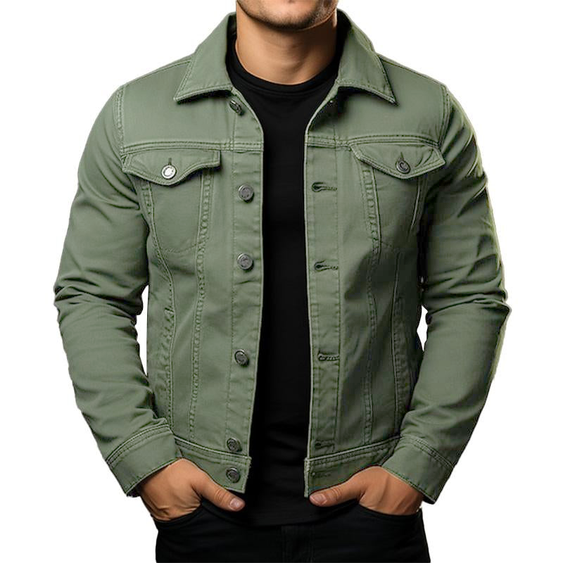 Men's Classic Solid Color Lapel Single Breasted Cargo Denim Jacket 9261078610104