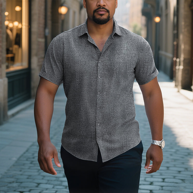 Men's Solid Color Lapel Cotton Linen Short Sleeve Shirt 9261774897336