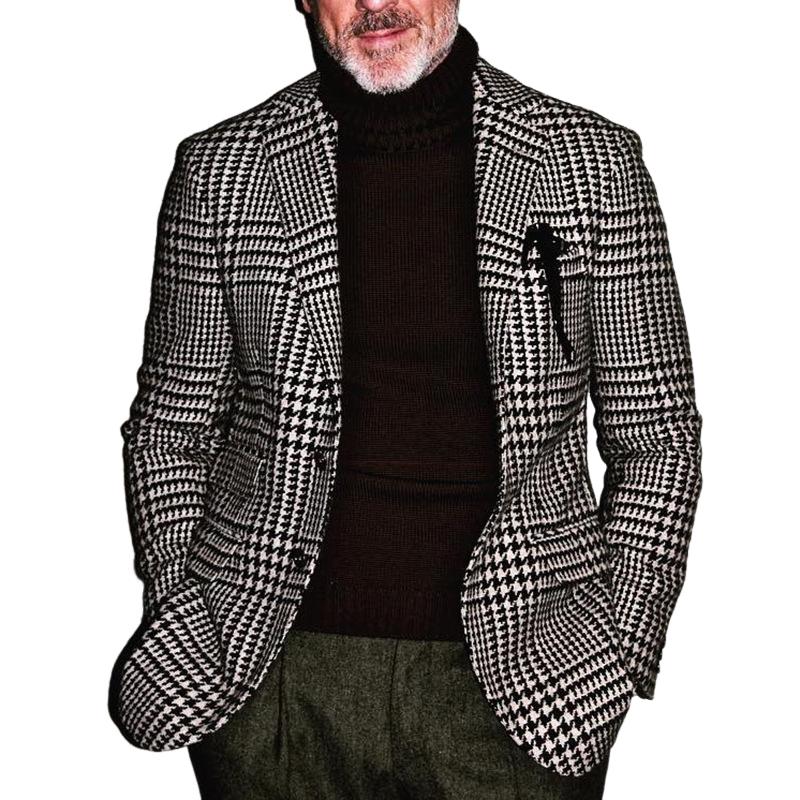 Men's Vintage Black and White Plaid Two-button Blazer 9886817812664