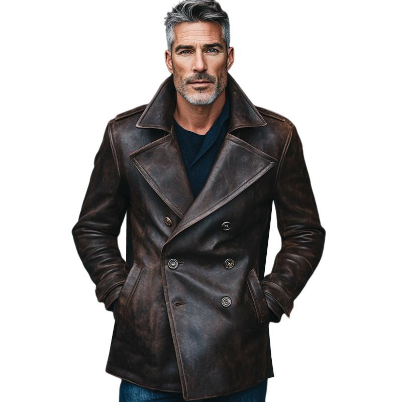Men's Vintage Distressed Notched Lapel Leather Jacket 9873140121784