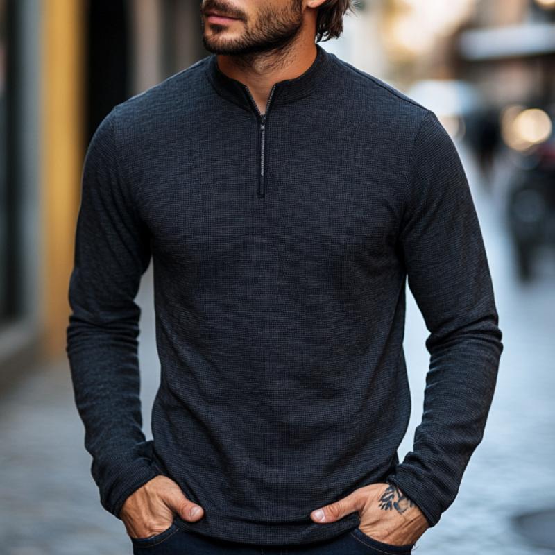 Men's Casual Waffle Stand Collar Zipper Pullover Long Sleeve T-shirt 9274167197880