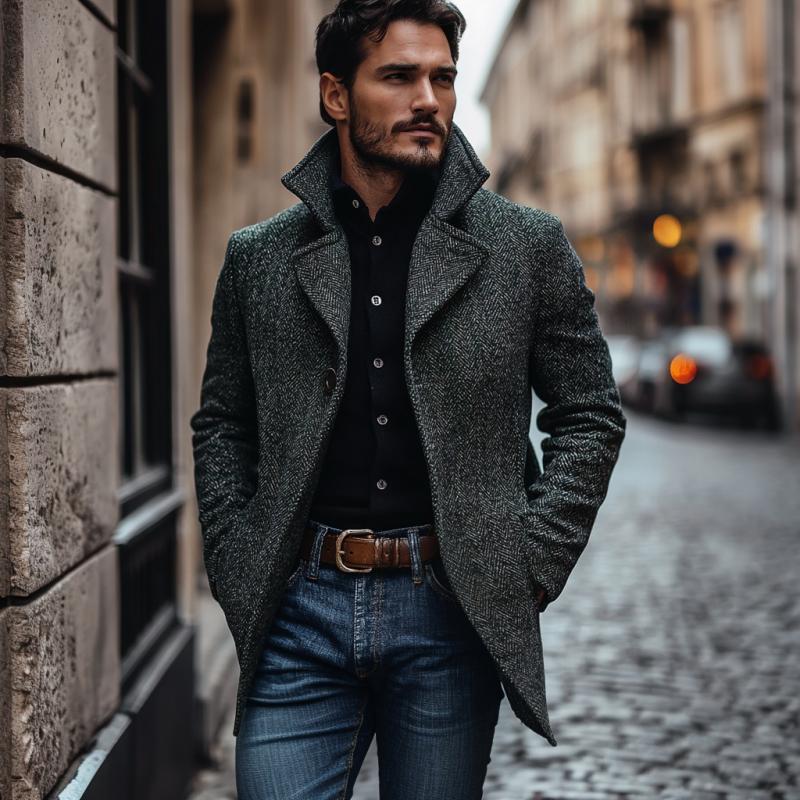 Men's Vintage Classic Herringbone Notch Lapel Single Breasted Slim Fit Coat 9873134649528
